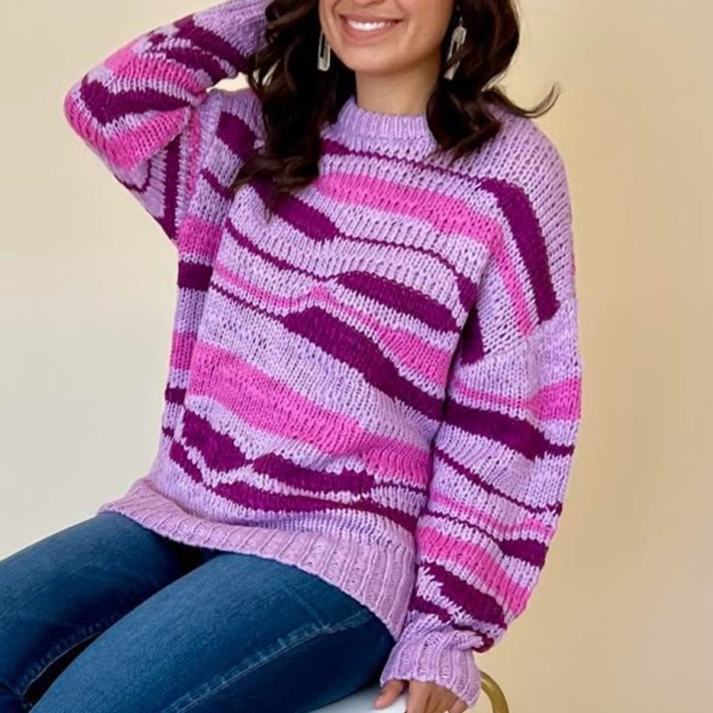 Pink and Purple Abstract Crew Neck Sweater